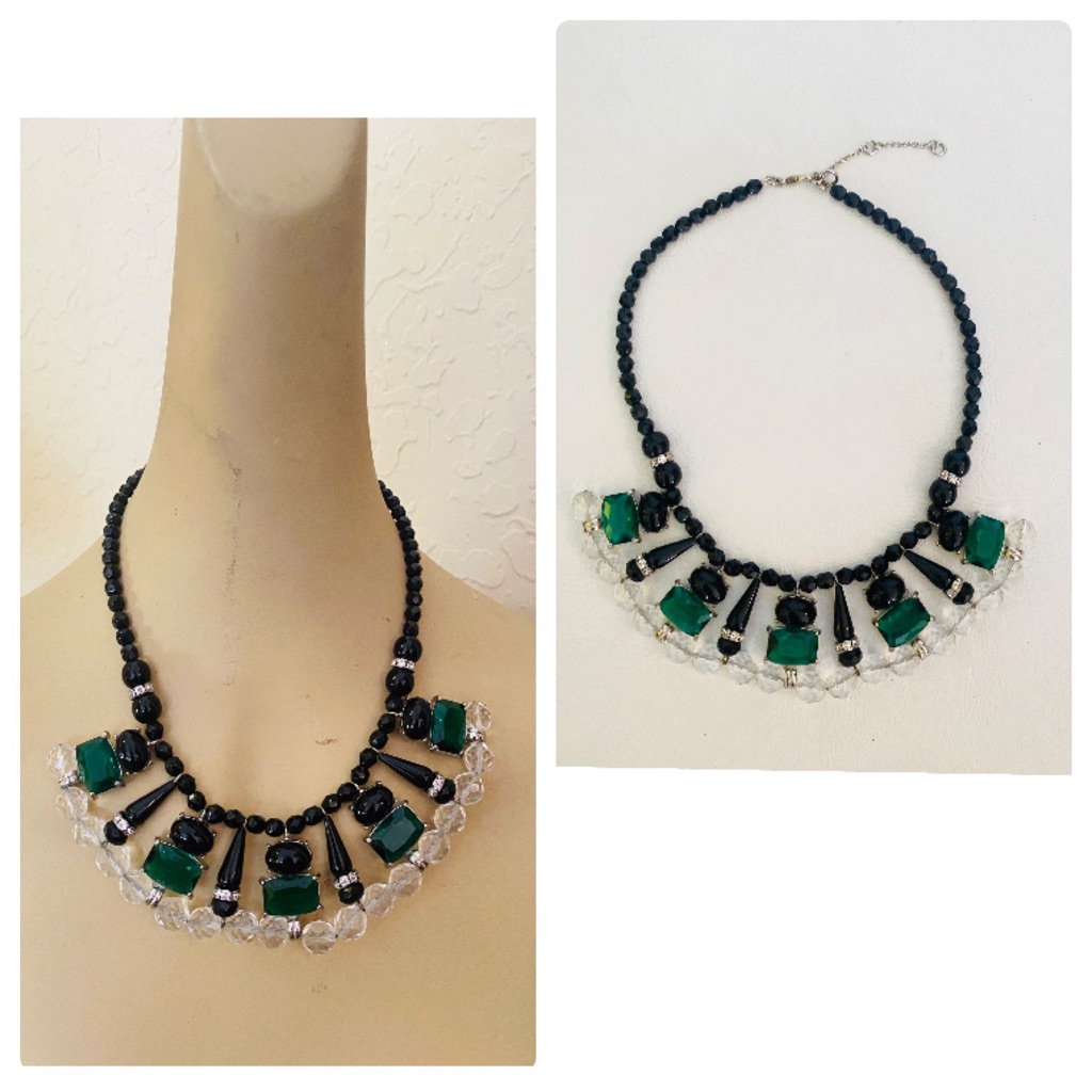 Vintage Yosca Green Black Clear Crystal Necklace